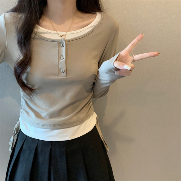 RM21721#长袖T恤女韩版假两件拼色甜辣美式抽绳复古纯棉上衣