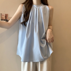 RM21464#无袖挂脖衬衫女装夏季新款时尚圆领设计感别致褶皱蓝色上衣潮