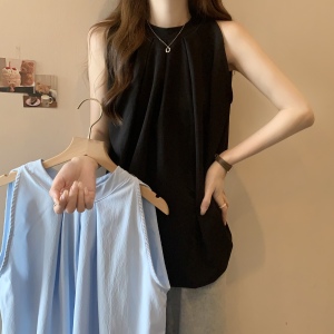 RM21464#无袖挂脖衬衫女装夏季新款时尚圆领设计感别致褶皱蓝色上衣潮