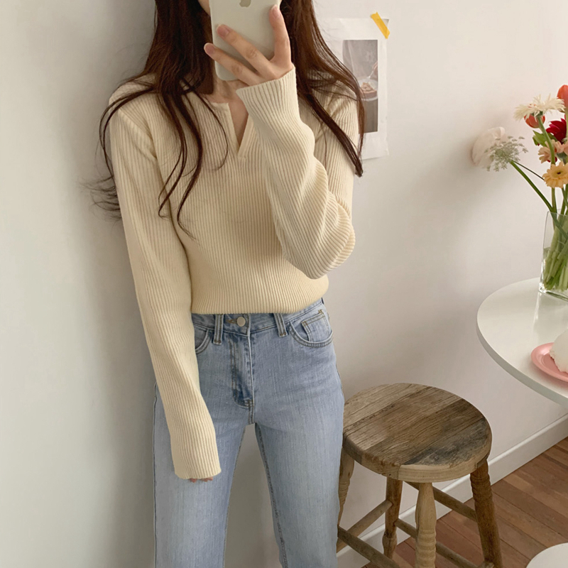 Korean chic all-match small V-neck slim fit long-sleeved elastic bottoming knitted sweater for women