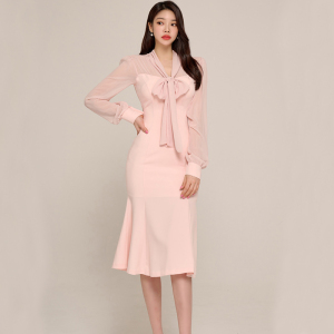 RM21426#新款韩版时尚拼接气质修身系蝴蝶结中长款荷叶边包臀裙