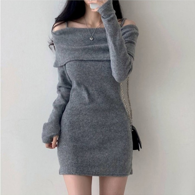 Korean chic autumn and winter small sexy off-the-shoulder sling lapel slim-fit ribbed knit dress bag hip skirt