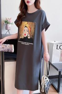 RM21458#珠地短袖t恤女夏2023中长款趣味印花圆领潮上衣大码女装200斤