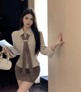 RM22257#韩国A妹长袖修身收腰衬衫性感包臀半身短裙套装女
