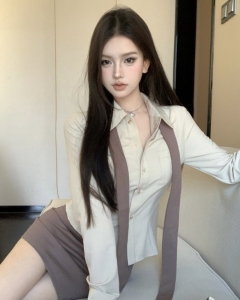 RM22257#韩国A妹长袖修身收腰衬衫性感包臀半身短裙套装女