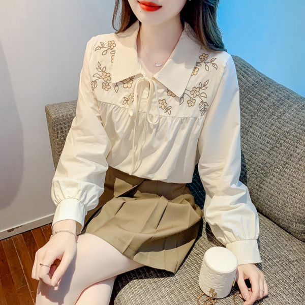 RM22512#新款韩版宽松甜美花朵刺绣娃娃衫设计感百搭衬衣