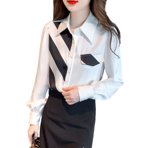 RM22510#新款韩版设计感黑白条纹撞色假口袋百搭长袖衬衫