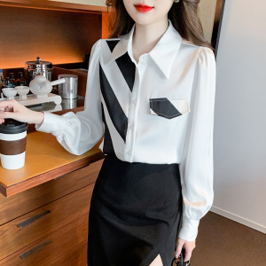 RM22510#新款韩版设计感黑白条纹撞色假口袋百搭长袖衬衫