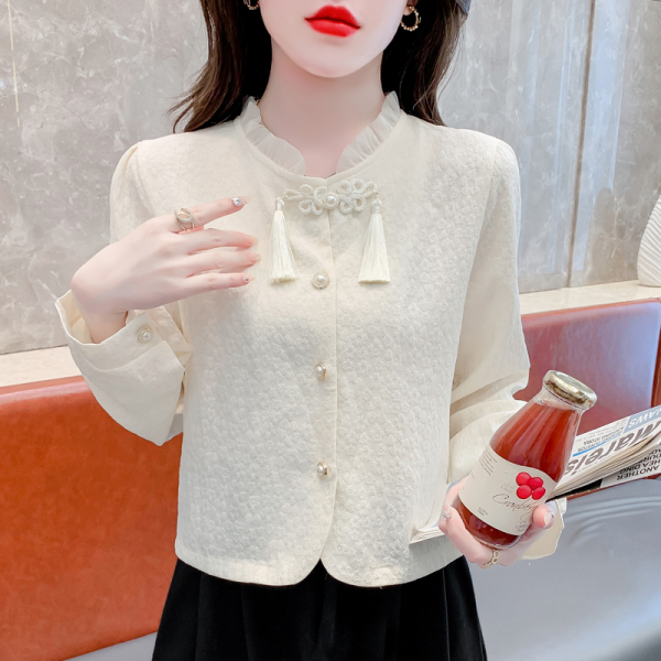 RM25294#中式木耳边设计感法式盘扣洋气淑女复古提花气质长袖小衫上衣女