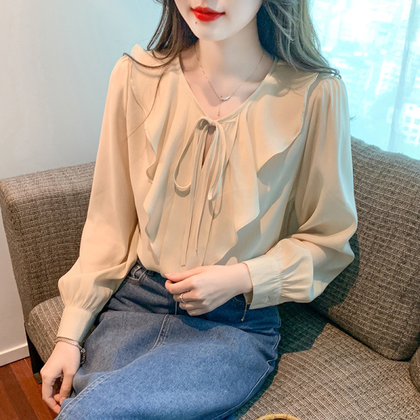 RM22505#新款韩版荷叶边洋气百搭时尚气质纯色系带长袖衬衫