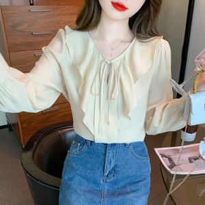 RM22505#新款韩版荷叶边洋气百搭时尚气质纯色系带长袖衬衫