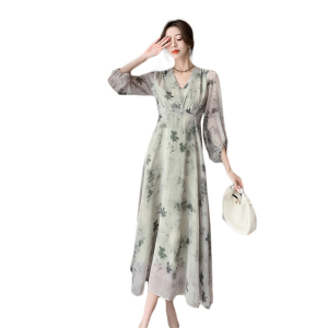TR49115# 中式绿色印花收腰连衣裙小众设计新款垂感度假风裙 服装批发女装批发服饰货源