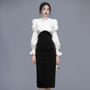 RM22333#韩版新品轻奢气质职业修身圆领优雅撞色连衣裙