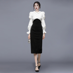 RM22333#韩版新品轻奢气质职业修身圆领优雅撞色连衣裙