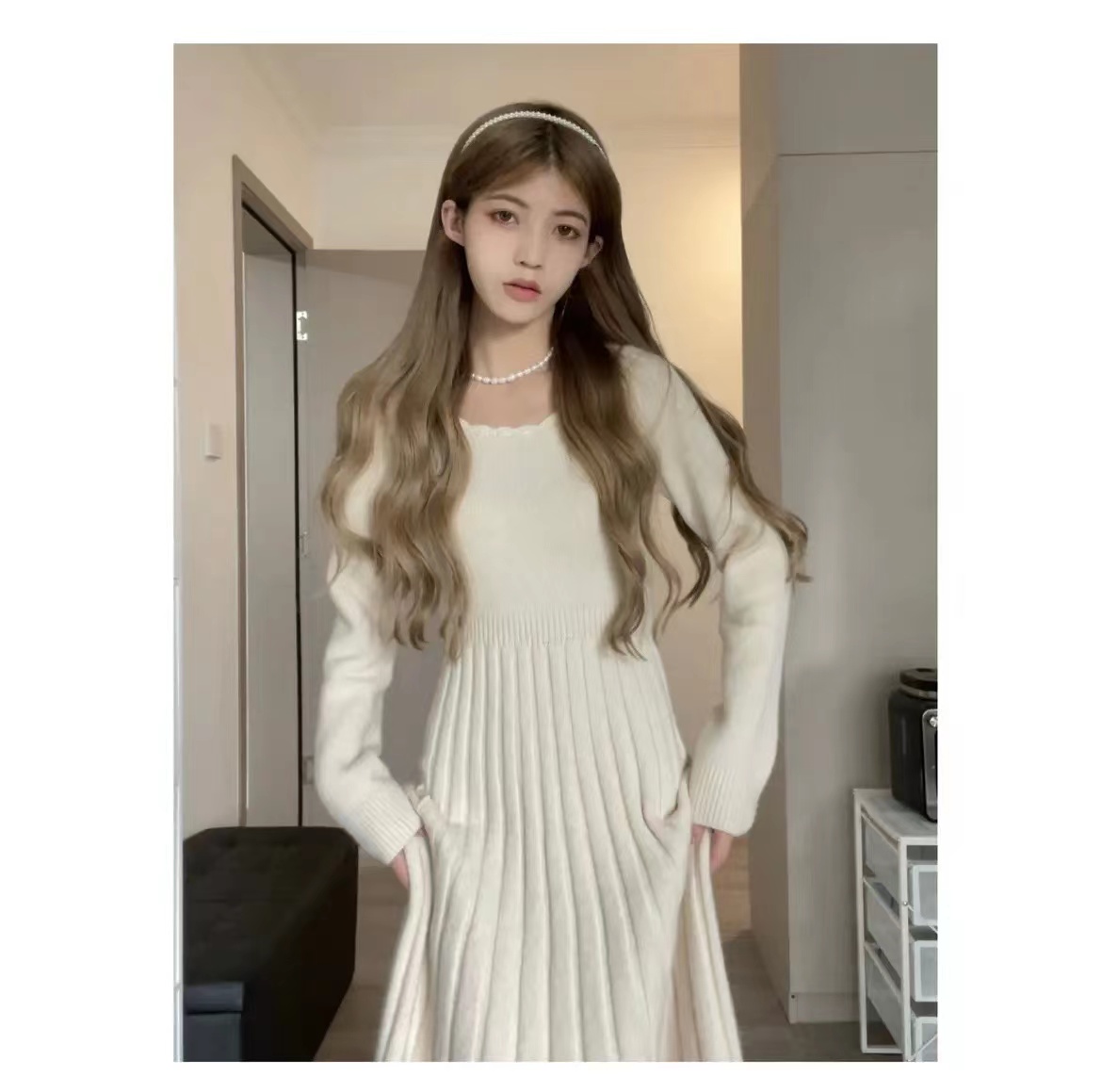 2023 new autumn and winter women's knitted sweater tea break French style with coat inner bottoming long skirt dress