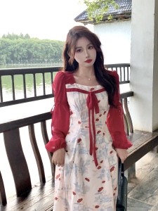 RM24048#大码微胖mm夏季法式遮肚显瘦新中式红色碎花裙连衣裙女