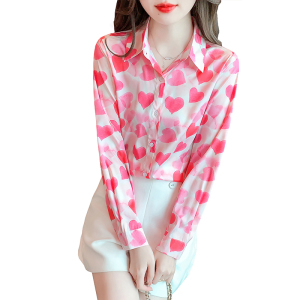 RM22701#新款甜美气质桑蚕丝通勤衬衣真丝粉色爱心印花通勤上衣
