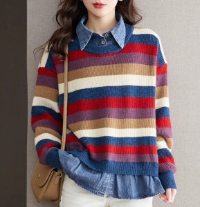 TR51355# 早春新款春款百搭韩系针织衫女春秋款衬衫假两件上衣毛衣 服装批发女装批发服饰货源