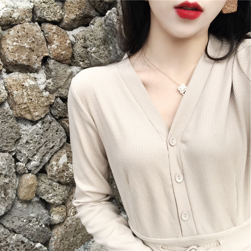New Korean style slim V-neck slim long-sleeved waist first love dress retro dress for women