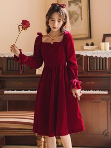 RM21692#大码红色连衣裙女胖mm敬酒服新娘酒红色丝绒长袖订婚礼服平时可穿
