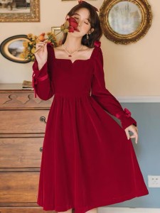 RM21692#大码红色连衣裙女胖mm敬酒服新娘酒红色丝绒长袖订婚礼服平时可穿