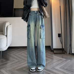 RM21591#美式复古高腰牛仔裤女水洗设计感小众宽松直筒工装裤