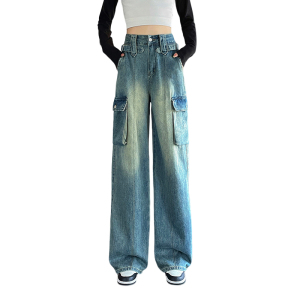 RM21591#美式复古高腰牛仔裤女水洗设计感小众宽松直筒工装裤
