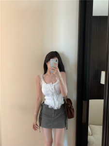 RM21454#纯欲风白色针织吊带背心女夏季性感修身短款无袖蕾丝花边上衣外穿