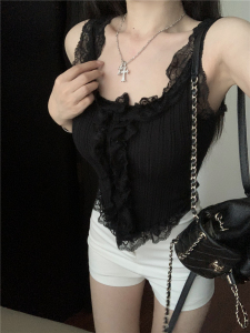 RM21454#纯欲风白色针织吊带背心女夏季性感修身短款无袖蕾丝花边上衣外穿