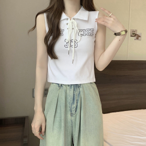 RM21585#40支精棉奥代尔设计感印花绑带无袖polo衫女修身潮