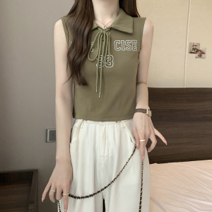 RM21585#40支精棉奥代尔设计感印花绑带无袖polo衫女修身潮