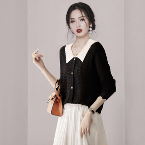 RM22344#毛针织衫OL标准H型长袖娃娃领单排扣针织面料春秋纯色