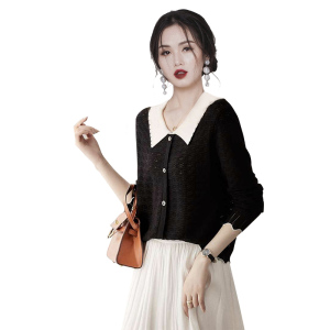 RM22344#毛针织衫OL标准H型长袖娃娃领单排扣针织面料春秋纯色