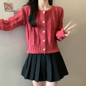 TR55340# ~甜美立体钩花毛衣开衫秋冬新款花瓣领修身显瘦上衣 服装批发女装批发服饰货源