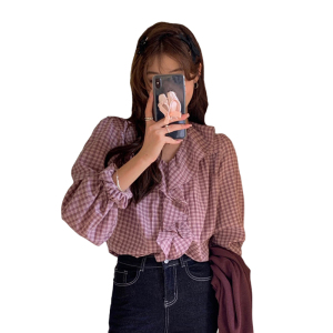 RM21505#紫色格子衬衫女春秋装2023新款别致衬衣小个子长袖上衣设计感小众