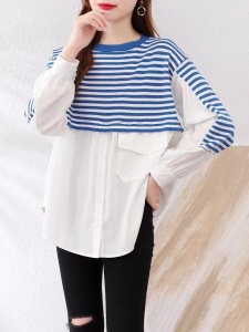 TR53375# 假两件卫衣女款长袖秋季新款爆款宽松拼接条纹别致春秋上衣女 服装批发女装批发服饰货源