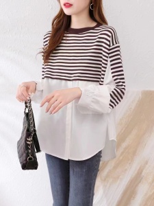 TR53375# 假两件卫衣女款长袖秋季新款爆款宽松拼接条纹别致春秋上衣女 服装批发女装批发服饰货源