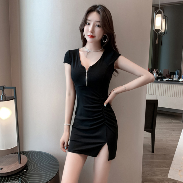 RM21529#V领拉链开叉韩版性感修身显瘦短袖打底包臀连衣裙