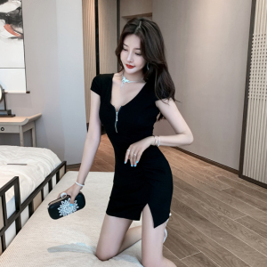 RM21529#V领拉链开叉韩版性感修身显瘦短袖打底包臀连衣裙
