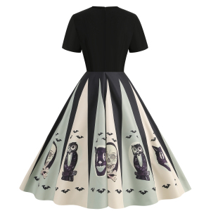 RM21531#万圣节气质新款拼接圆领复古印花修身显瘦大摆连衣裙