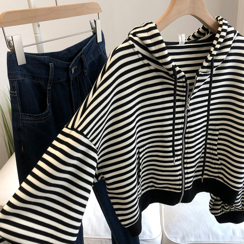 2023# New Thin Sweatshirt Women's Hooded Cardigan Zipper Stripes