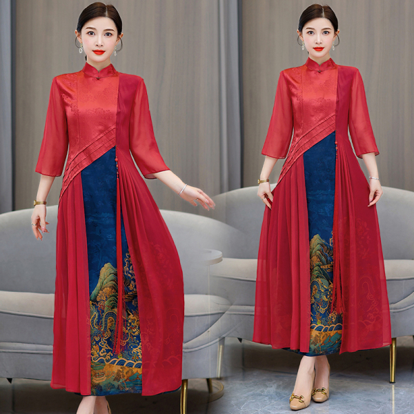 RM24341#新款改良旗袍连衣裙中式国风国潮短袖流苏妈妈装优雅裙子