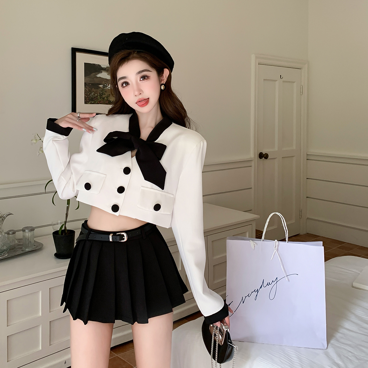 New Korean version temperament small fragrance bow suit jacket high waist pleated skirt two-piece female