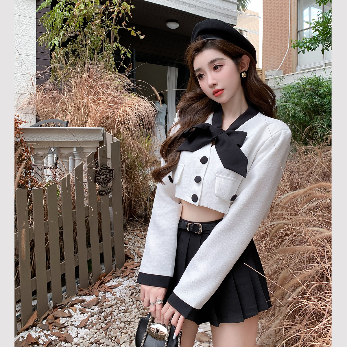 New Korean version temperament small fragrance bow suit jacket high waist pleated skirt two-piece female
