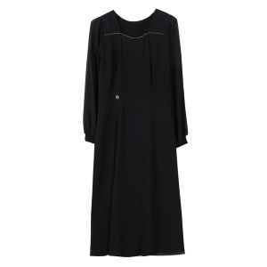 RM22890#黑色方领雪纺连衣裙女2023秋季新款气质垂坠感长袖中长款裙子