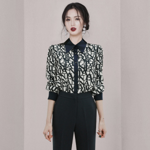 RM22335#新款气质韩版拼色翻领泡泡长袖几何图案时尚衬衫