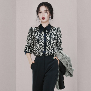 RM22335#新款气质韩版拼色翻领泡泡长袖几何图案时尚衬衫