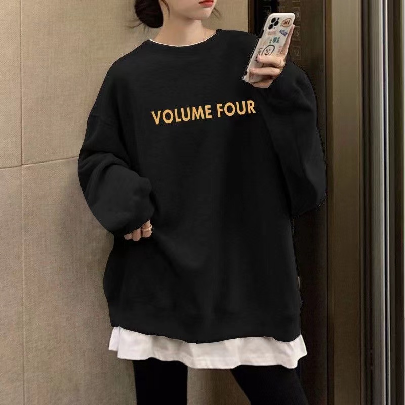 Fake two-piece autumn and winter large size women's clothing Korean version of the new plus velvet letters loose long-sleeved sweater women's tops