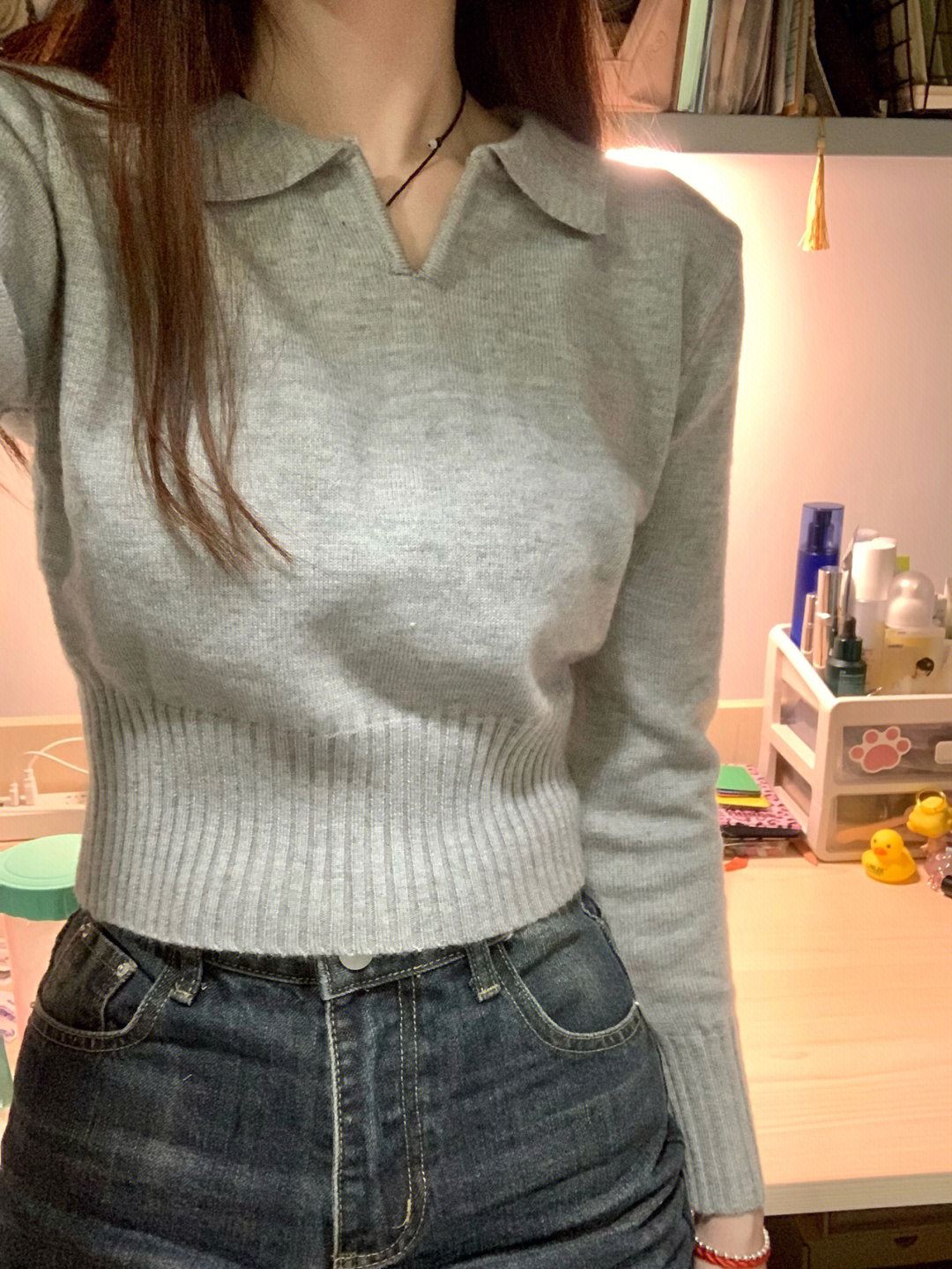 Gray waist bottoming knitted sweater women's autumn and winter front shoulder sweater slim polo sweet short beautiful top