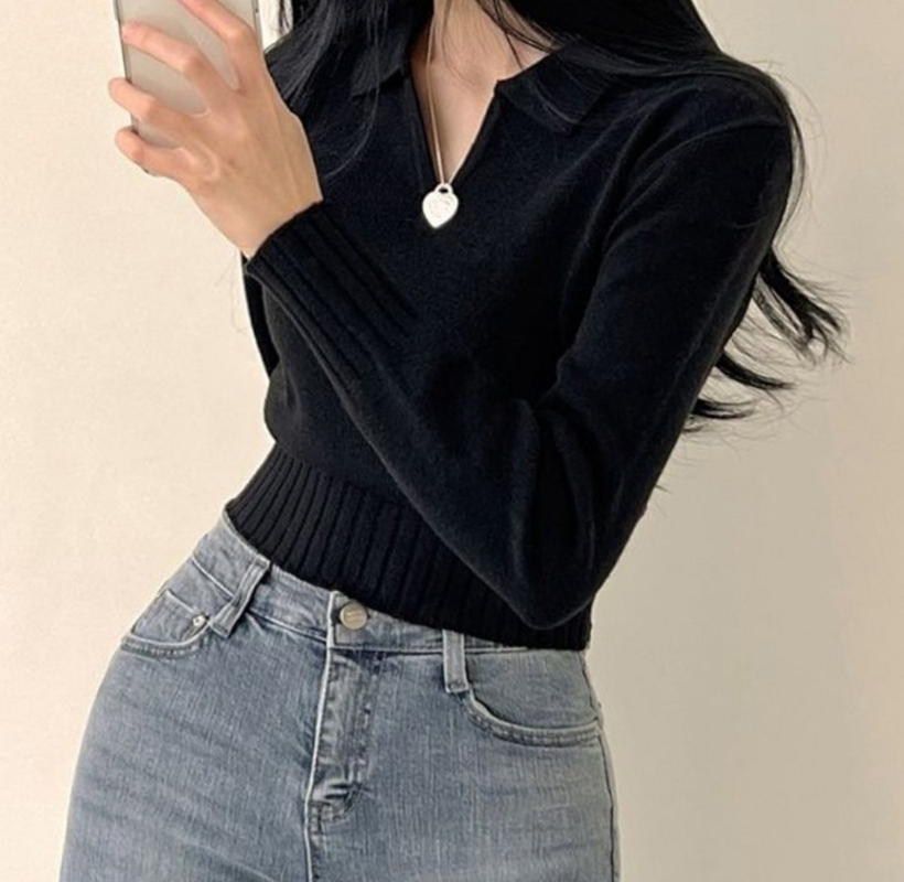 Gray waist bottoming knitted sweater women's autumn and winter front shoulder sweater slim polo sweet short beautiful top